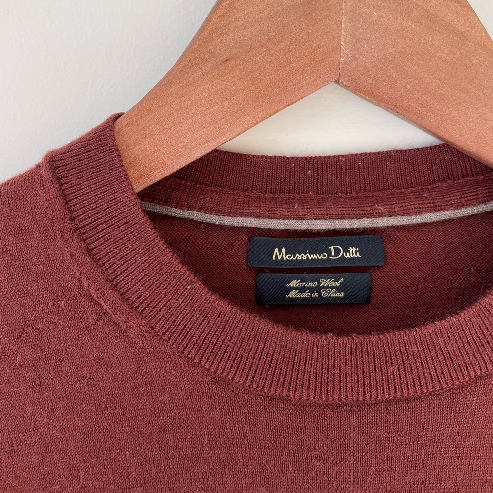 Massimo Dutti Men's Deep Red Merino Wool Crewneck Sweater